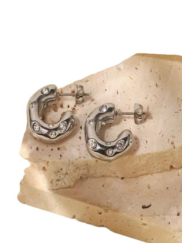 Stainless Steel Hoop Earrings with Cubic Zirconia Studs - from R184