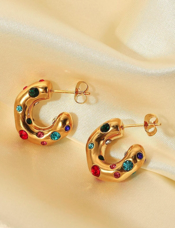 Hoop Earrings with Multicoloured Cubic Zirconia Studs - from R184