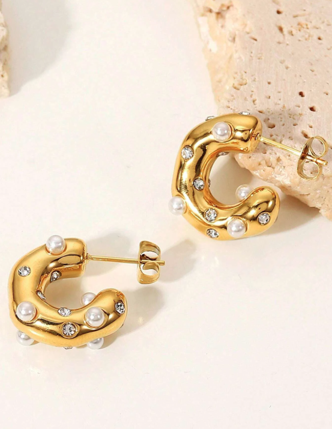 Gold Plated Hoop Earrings with Faux Pearls & Cubic Zirconia Studs - from R184